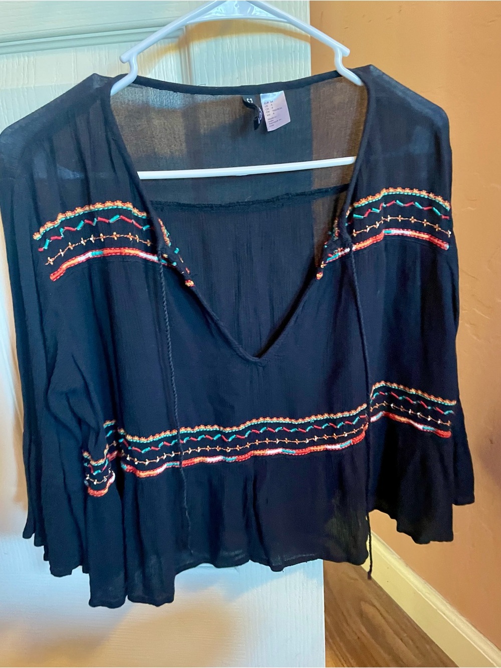 H&M Black Peasant Tunic with Multicolor Embroidery